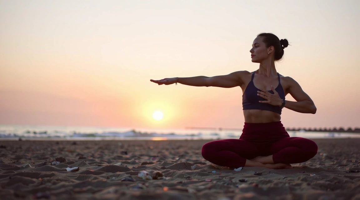 Donna che pratica yoga al tramonto su una spiaggia serena