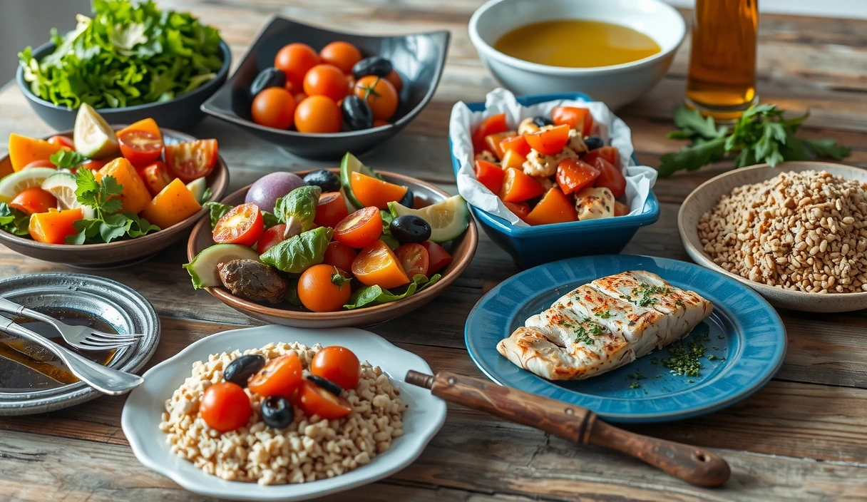 Piatti colorati della dieta mediterranea con verdure fresche, olio d'oliva e pesce