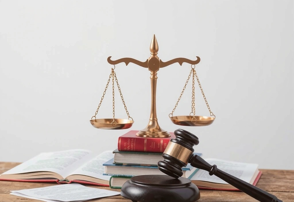 Bilancia della giustizia su una pila di libri legali, con un martelletto e documenti sparsi, che simboleggia la legge e la responsabilità.